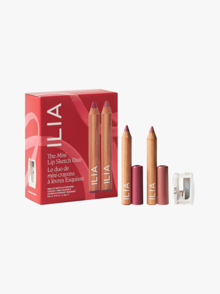 Ilia The Mini Lip Sketch Duo in multiple branded components on a light gray background