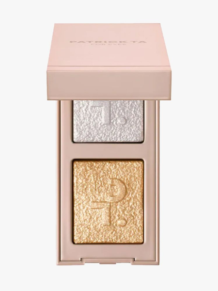 Patrick Ta Major Dimension Eye Illusion Eyeshadow Duos in branded component on a light gray background