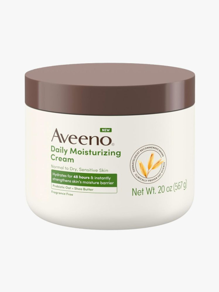 Aveeno Daily Moisturizing Cream in branded tub component on a light gray background
